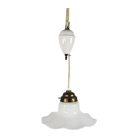 Art Deco - Opaline - Messing - Hanglamp - Pendellamp Met Katrol - 1e Kwart 20e Eeuw 1