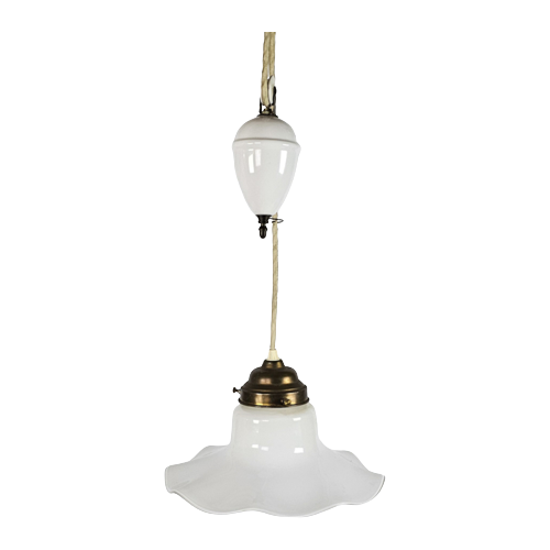 Art Deco - Opaline - Messing - Hanglamp - Pendellamp Met Katrol - 1E Kwart 20E Eeuw