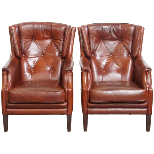 Set Van 2 Comfortabele En Karaktervolle Chesterfield Fauteuils Gemaakt Van Schapenleer 1