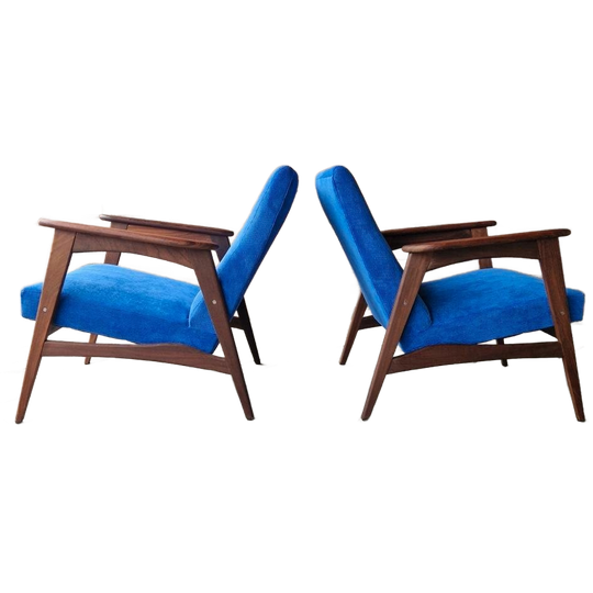 Set Vintage Deense Fauteuils Jaren 60 Ribstof Blauwe Stoelen 1