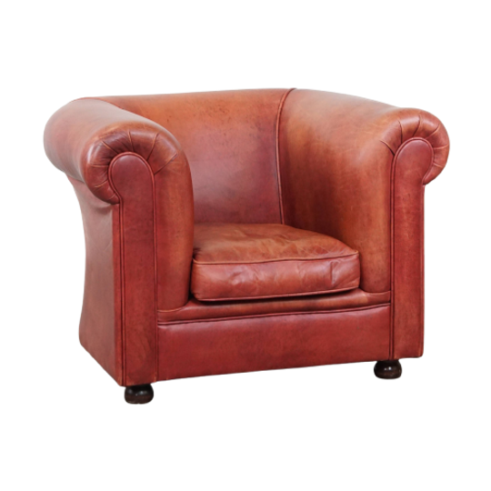 Klassieke, In Goede Staat Verkerende Gladde Rundleren Engelse Chesterfield Clubfauteuil 1