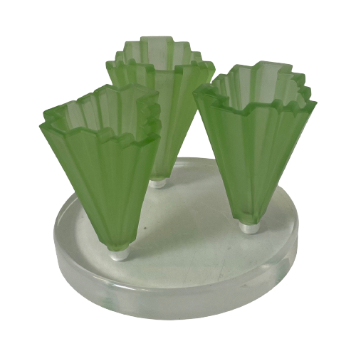 Art Deco - Bagley Green - Uranium Glass - Set Of Three ‘Grantham’ Vases Mounted On Transparent Foot