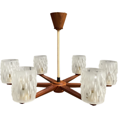 Teak Ceiling / Pendant Lamp 6 Glass Shades 1960S.