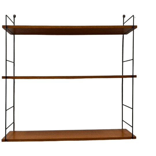 Vintage Wandrek 3 Planken Teak, Zwart Draadstaal 'ladders' 1