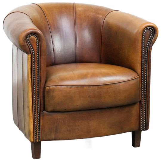 Elegante Schapenleren Clubfauteuil Met Prachtige Warme Kleuren, Een Afwerking Met Siernagels 1