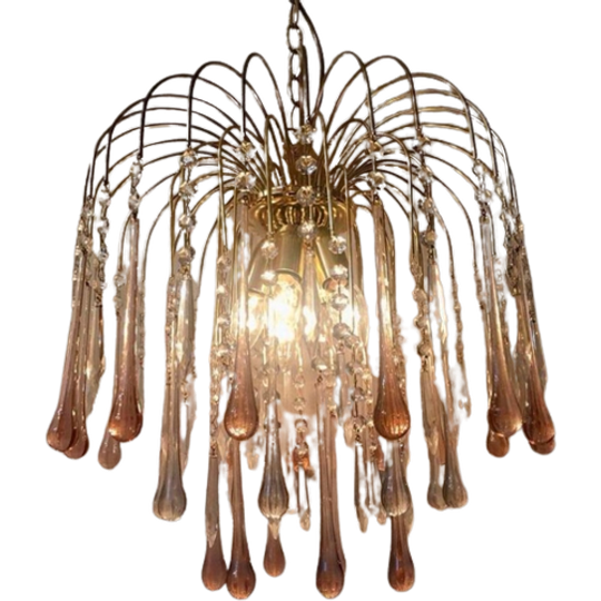 Xxl Murano Roze Teardrop Kroonluchter Hanglamp Vintage Goud Frame 1