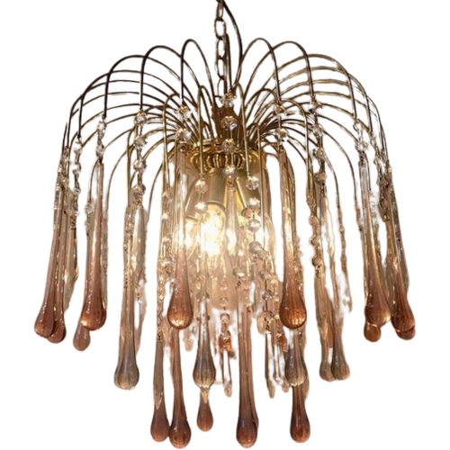 Xxl Murano Roze Teardrop Kroonluchter Hanglamp Vintage Goud Frame