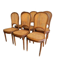 Set/6 Art Deco Webbing Stoelen Met Hout Snijwerk