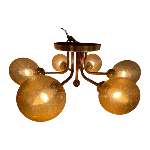 Veb Germany - Hanging Pendant - Sputnik Lamp With 6 Glass Shades - Patterned Glass