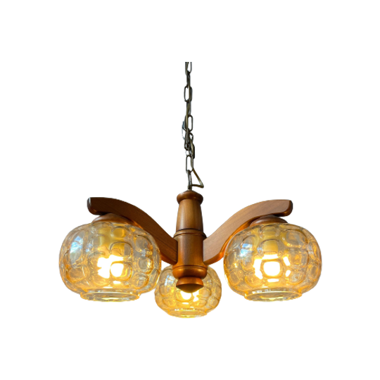 Duitse Glazen Mid Century Kroonluchter Met Doorzichtige Kapjes En Kersenhout Frame 1