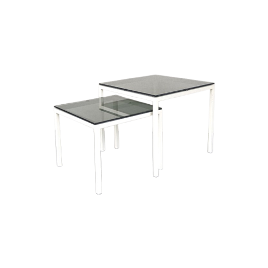 Vintage Nesting Tables Van Wit Metaal En Zwart Rookglas 1