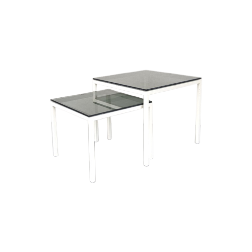 Vintage Nesting Tables Van Wit Metaal En Zwart Rookglas