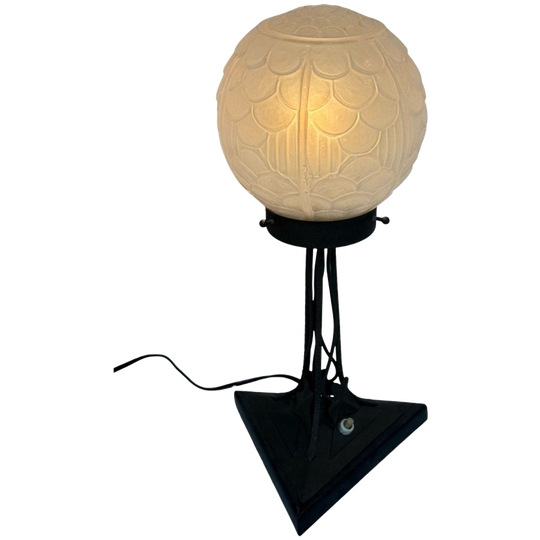 Art Deco - Table Lamp - Satin Glass Dome Resting On Wrought Iron Base - France - Ca. 1930’s 1