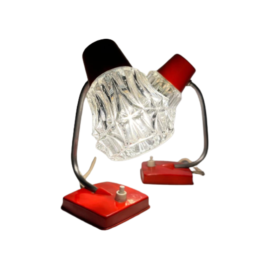 Vintage Nachtlampjes (2) Rood Metaal Met Glazen Kapjes 1
