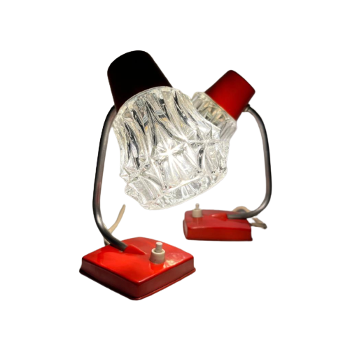 Vintage Nachtlampjes (2) Rood Metaal Met Glazen Kapjes