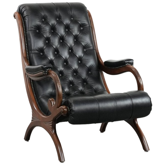 Luxe Zwarte Klassieke En Comfortabele Rundleren Chesterfield Fauteuil In Goede Staat 1