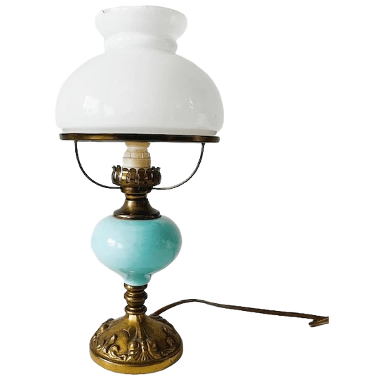 Antieke Electrische Geconverteerde Olielamp Messing Turquoise Glas Upcycled 1900’s 1