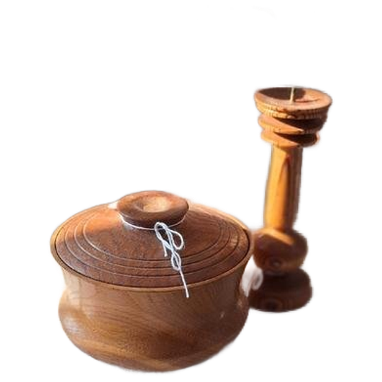 Vintage Houten Kandelaar En Opberg Bakje, Houtsnijwerk 1