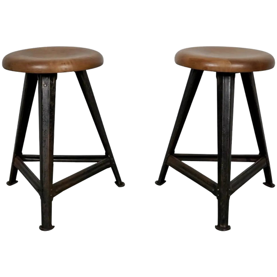 Pair Of Industrial Steel Factory Stools By Rowac Robert Wagner Chemnitz, 1930s 1