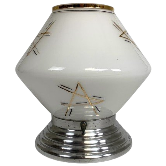 Art Deco Plafondlamp Met Glazen Kap Met Gouden Decoraties, Jaren 30 1