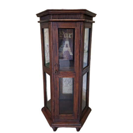 Donker Teakhouten 6-hoekige Vitrinekast , Servieskast, Whiskeybar, Wijnkast Afm.61x55cm En 120cm Hoog. 1