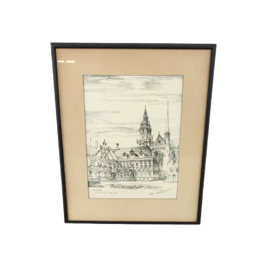 Piet Hollevoet - Tekening - Veurne Gerechtshof En Belfort 1