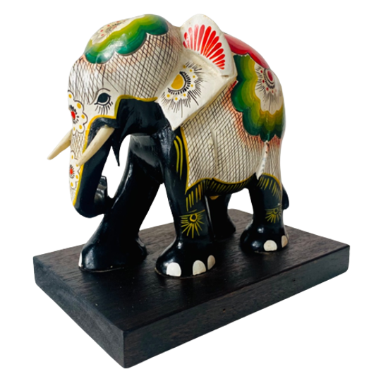 Vintage Oosterse Olifant Kleurrijk Op Teak Houten Plank 1