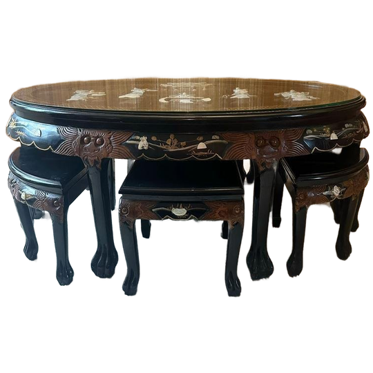 Chinese Salontafel Met Houtsnijwerk Incl 6 Krukjes 1