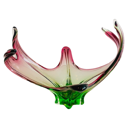 Vintage Xl Murano Glas Schaal Fuchsia Groen 1970’S