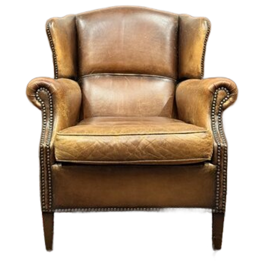 Klassiek Engelse Schaap Lederen Fauteuil En Hocker Set 1