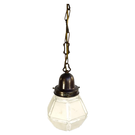 Antieke Hanglamp Bronskleurig Glazen Kap 1