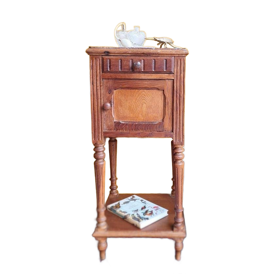 Vintage Brocante Landelijk Eikenhouten Nachtkastje, Marmer 1