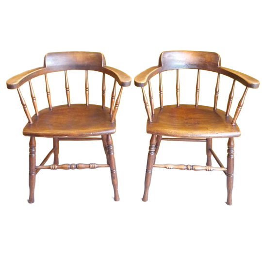 Set Van 2 Antieke Engelse Stoelen Met Armleggers, Vintage 1