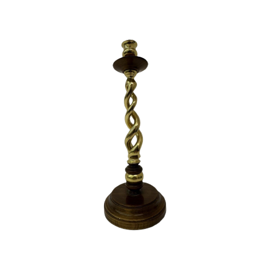 Large Antique Brass Candle Stick With Wooden Details , 1930’s 1