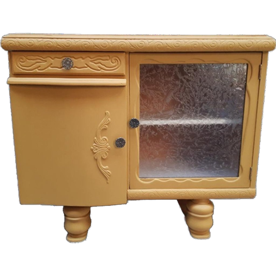 Mosterd Geel Vintage Kastje Dressoir Meubel Vitrine Kast 1