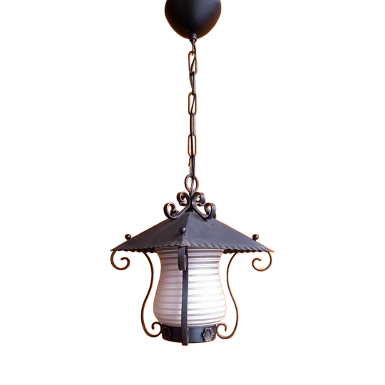 Vintage Hanglamp, Lantaarntje, Smeedijzer En Gestreept Glas 1