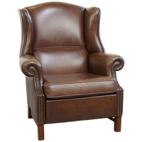 Grote, Klassieke Donkerbruine Gladde Rundleren Chesterfield Oorfauteuil In Engelse Stijl