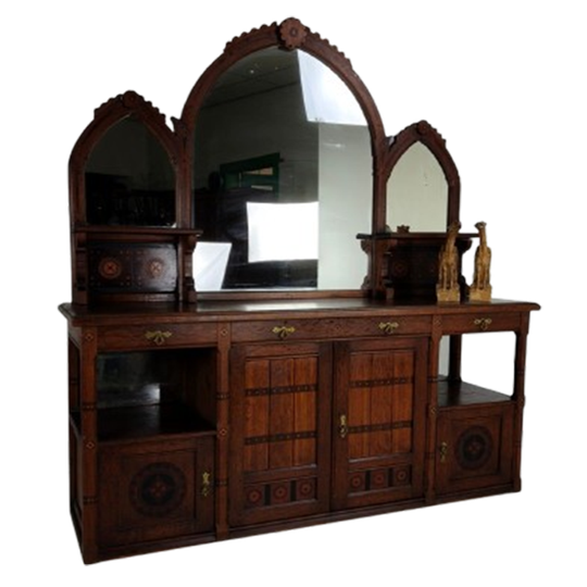 Zeldzaam 19e-eeuws Engels Arts & Crafts Eikenhouten Dressoir Van Pratt & Prince – Inlegwerk Met Zonnebloemmotie 1
