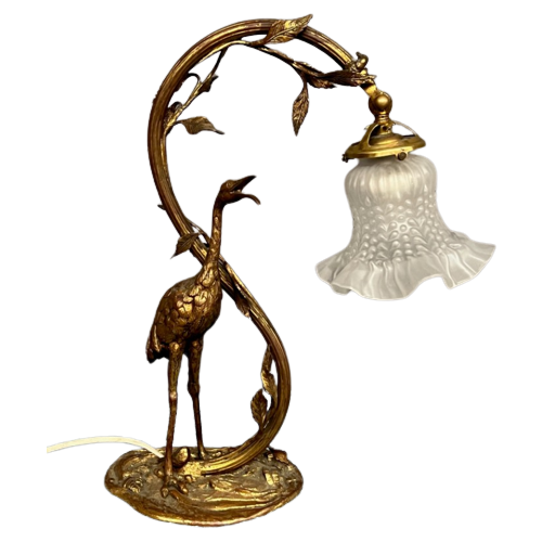 Brons Vergulde Lamp Met Een Figuur Van Een Reiger In Art Nouveau Stijl.