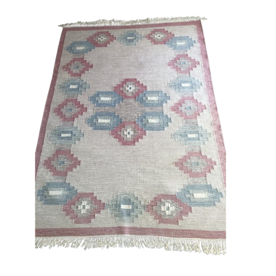 Grote Wollen Zweedse Rollakan, Roze Vloerkleed Geometrische Patronen 1