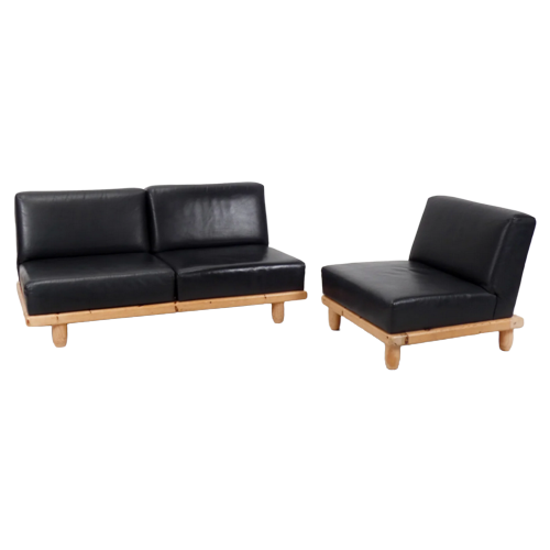 Brutalist Style Sofa Set In Black Leather