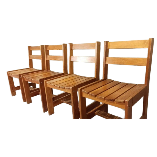 Set Van 4 Vintage Massief Grenen Eetkamerstoelen 1