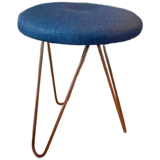 Retro Vintage Ronde Kruk, Blauwe Stoffering, Hairpinlegs 1