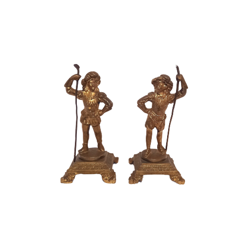 Paar Antieke Vergulde Bronzen Beeldjes Van 17De-Eeuwse Heren