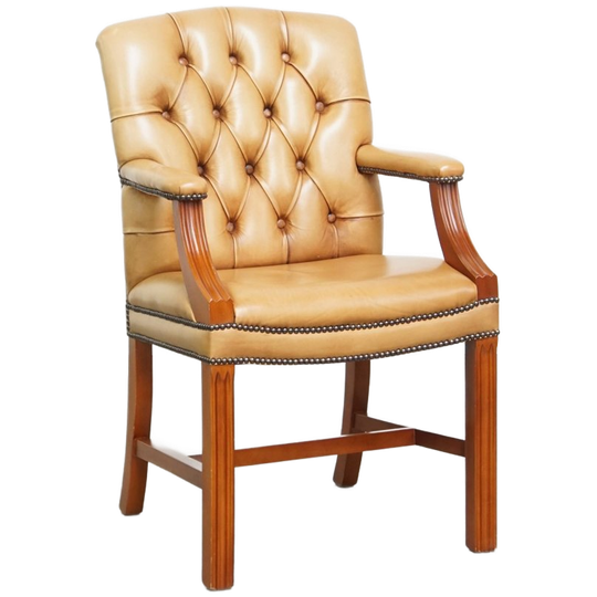 Mooie Rundleren Chesterfield Eetkamer/ Bijzetstoel In Engelse Stijl In Een Lichte Cognac Kleur 1