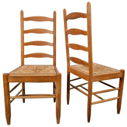 Set Brutalist Charlotte Perriand Ladder Stoel Hout Riet ‘60 1