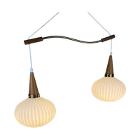 A Pair Of White Opal Frosted Glass Pendants Light With Wooden Details By Massive 1970