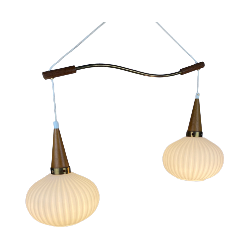 A Pair Of White Opal Frosted Glass Pendants Light With Wooden Details By Massive 1970