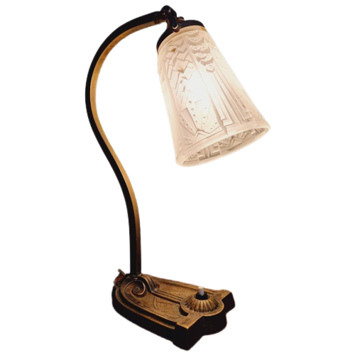 Art Deco Lamp In Brons, Bobèche Gesigneerd Frères Muller