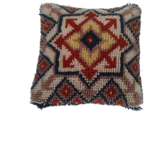 Vintage Geknoopt Wollen Kussen Blauw Oranje Beige 1